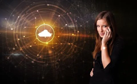 Person talking on the phone with cloud technology concept Stock Photos