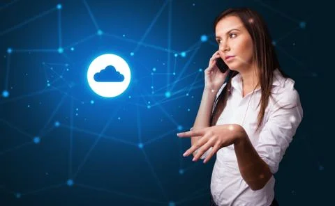 Person talking on the phone with cloud technology concept Stock Photos