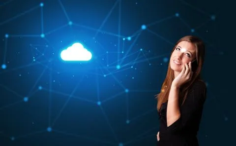 Person talking on the phone with cloud technology concept Stock Photos
