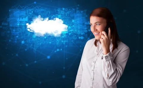 Person talking on the phone with cloud technology concept Stock Photos