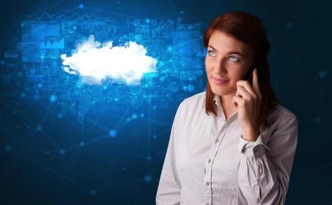 Person talking on the phone with cloud technology concept Stock Photos