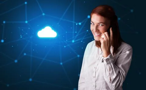 Person talking on the phone with cloud technology concept Stock Photos