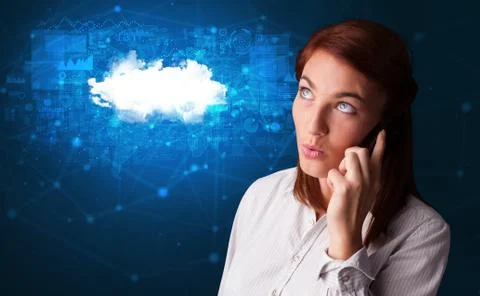 Person talking on the phone with cloud technology concept Stock Photos