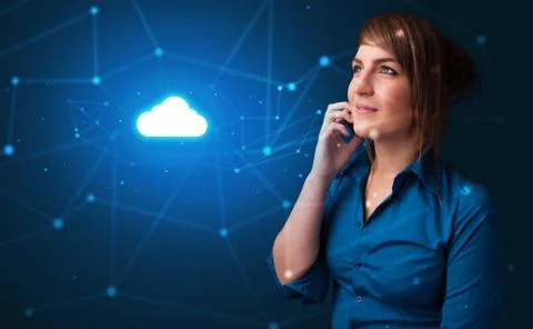 Person talking on the phone with cloud technology concept Stock Photos