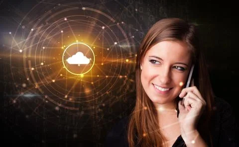 Person talking on the phone with cloud technology concept Stock Photos