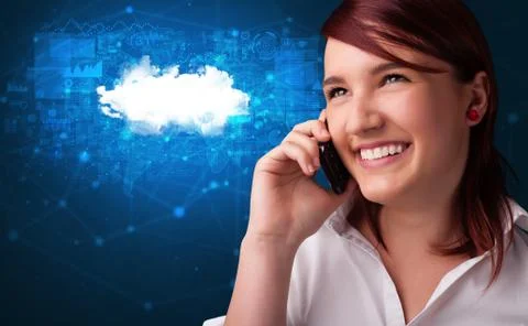 Person talking on the phone with cloud technology concept Stock Photos
