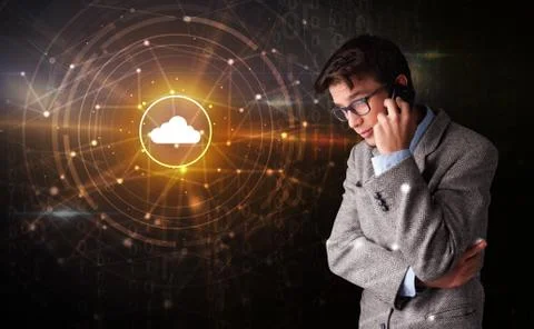 Person talking on the phone with cloud technology concept Stock Photos