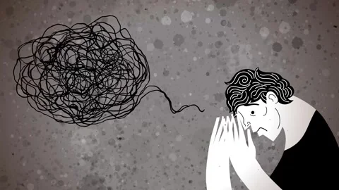 Person with a tangled mass of thoughts Stock Footage 342377189