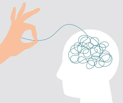 Person with tangled negative thoughts gets support from a therapist. Stock Illustration