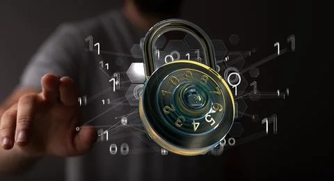 Person tapping on a digital render of a padlock with binary code- cybersecurity 写真素材