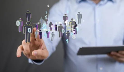 Person tapping floating 3D rendered human icons with binary code Stock Illustration