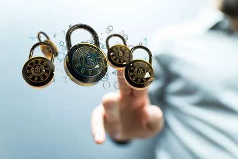 Person tapping floating 3D rendered padlock with binary code 스톡 사진