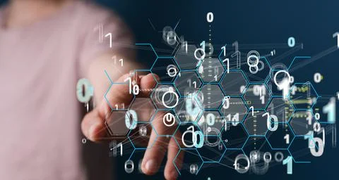 Person tapping on a floating digital render of a binary code network Stock Photos