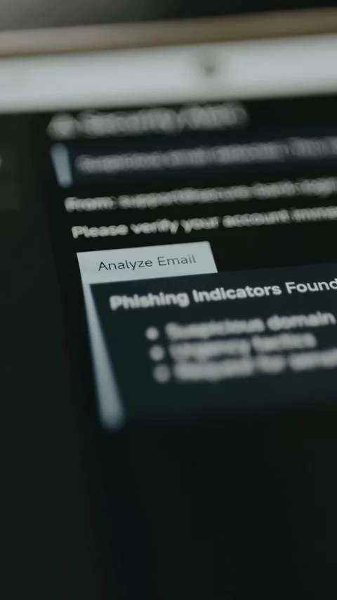 Person taps the button Analyze Email, lost of Phishing indicators found Stock Footage 332892354