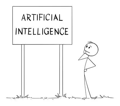 Person Thinking About Artificial Intelligence or Ai, Vector Cartoon Stick Figure Stock Illustration