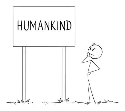 Person Thinking About Future of Humankind, Vector Cartoon Stick Figure Stock Illustration