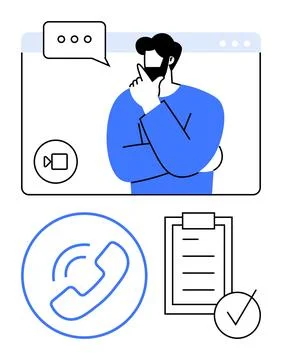 Person thinking during video call above phone and checklist icons. Ideal for  Ilustração Stock