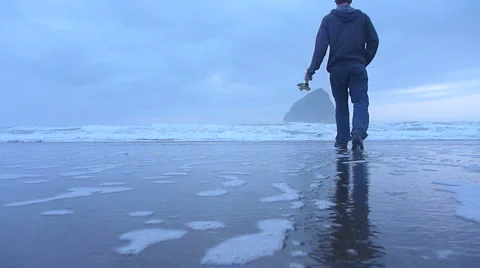 Person Throwing Flower into Ocean Stock Footage 2581215
