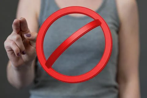 Person touching the 3D rendering of the red prohibition sign Foto stock