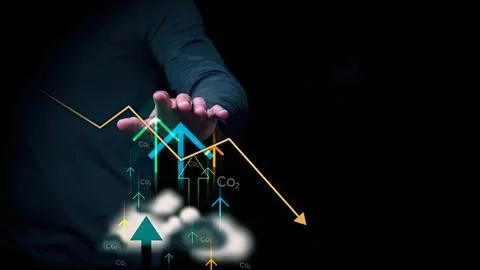 Person touching digital graph with arrow and co2 symbols 스톡 사진