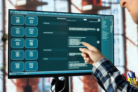Person touching digital interface on large monitor Foto stock