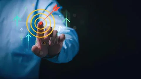 Person touching digital target with arrows and graphs Stock Photos