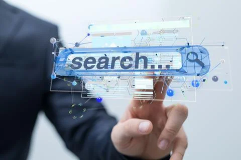 Person touching the search button - the concept of online res Foto stock