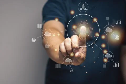 Person touching virtual screen Access database through online security system Stock Photos