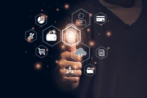 Person touching virtual screen to scan fingerprints, digital security managem Stock Photos