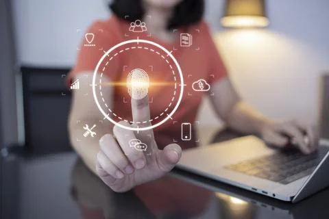 Person touching virtual screen to scan fingerprints, digital transformation m Stock Photos