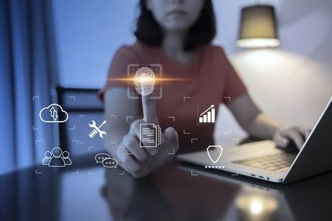 Person touching virtual screen to scan fingerprints, digital transformation m Stock Photos