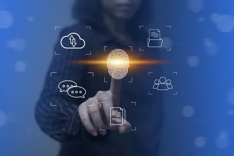 Person touching virtual screen to scan fingerprints, digital transformation m Stock Photos