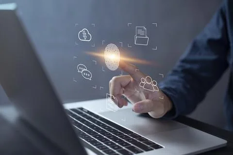 Person touching virtual screen to scan fingerprints, digital transformation m Stock Photos