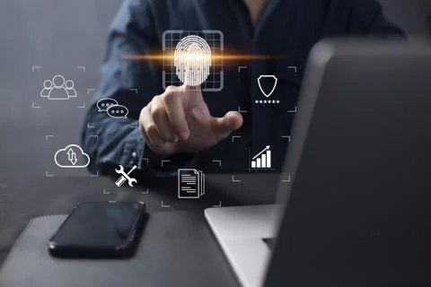 Person touching virtual screen to scan fingerprints, digital transformation m Stock Photos