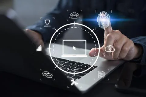 Person touching virtual screen to scan fingerprints, digital transformation m Stock Photos