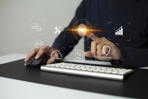 Person touching virtual screen to scan fingerprints, digital transformation m Stock Photos