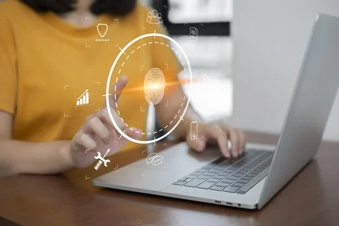 Person touching virtual screen to scan fingerprints, digital transformation m Stock Photos
