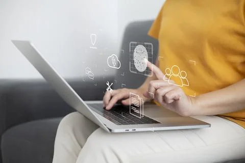 Person touching virtual screen to scan fingerprints, digital transformation m Stock Photos
