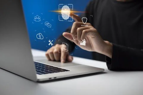 Person touching virtual screen to scan fingerprints, digital transformation m Stock Photos