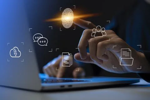 Person touching virtual screen to scan fingerprints, digital transformation m Stock Photos