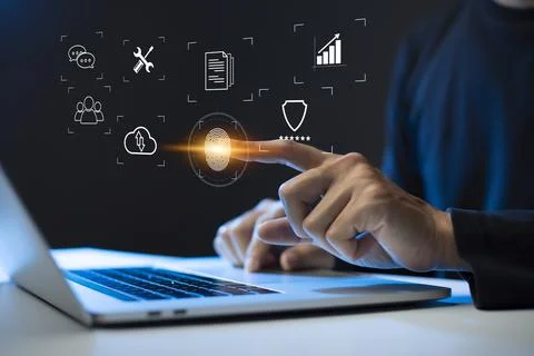 Person touching virtual screen to scan fingerprints, digital transformation m Stock Photos