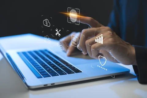 Person touching virtual screen to scan fingerprints, digital transformation m Stock Photos