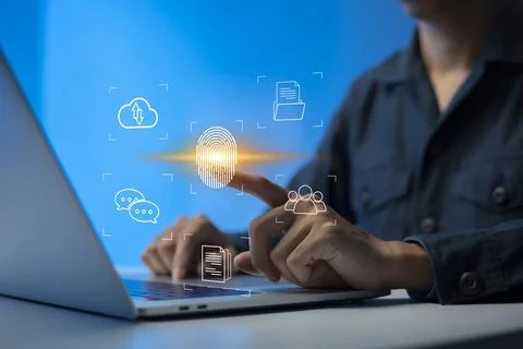 Person touching virtual screen to scan fingerprints, digital transformation m Stock Photos