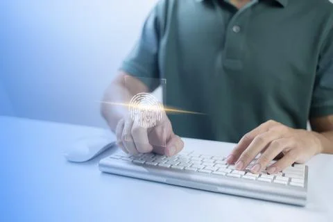 Person touching virtual screen to scan fingerprints, digital transformation m Stock Photos