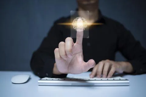 Person touching virtual screen to scan fingerprints, digital transformation m Stock Photos