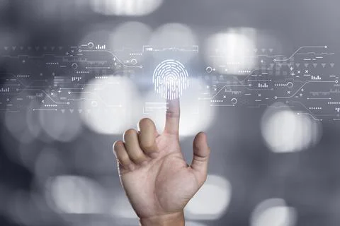 Person touching virtual screen to scan fingerprints, digital transformation m Stock Photos