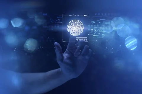 Person touching virtual screen to scan fingerprints, digital transformation m Stock Photos
