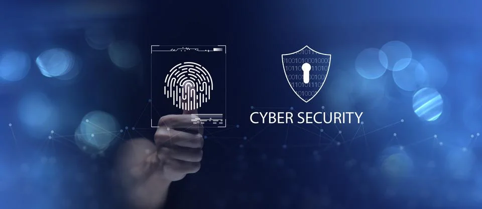 Person touching virtual screen to scan fingerprints, digital transformation m Stock Photos