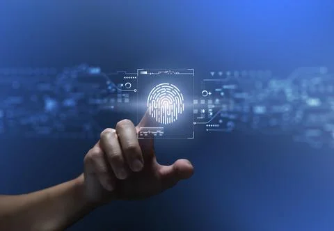 Person touching virtual screen to scan fingerprints, digital transformation m Stock Photos