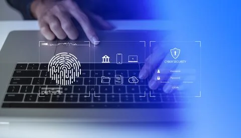 Person touching virtual screen to scan fingerprints, digital transformation m Stock Photos